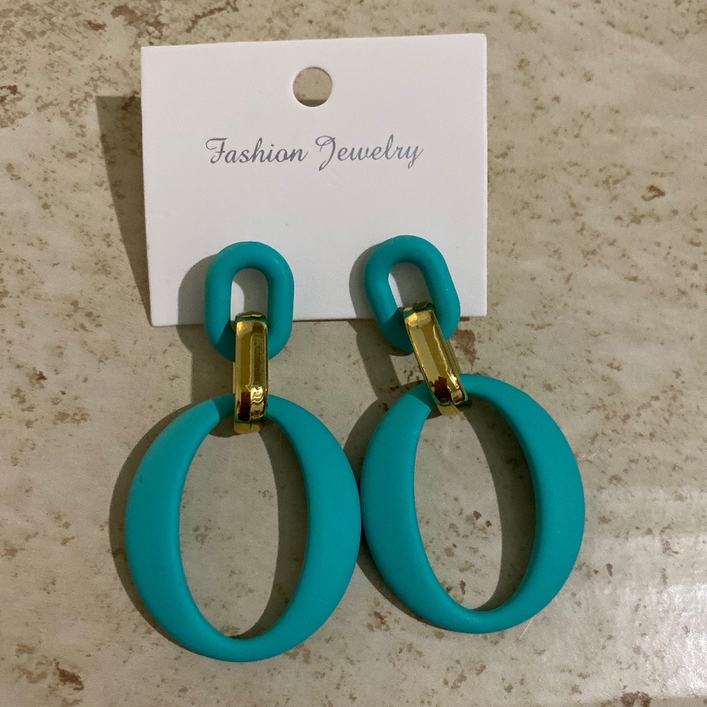 *NEW*   TURQUOISE & GOLD DANGLE POST ELEGANT  PRETTY EARRINGS